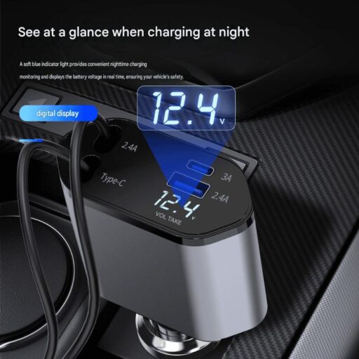 Retractable PD Electric Car Charger 4-in-1 Fast Charging 2 USB Ports & Camera Compatibility 65W Universal Adapter
